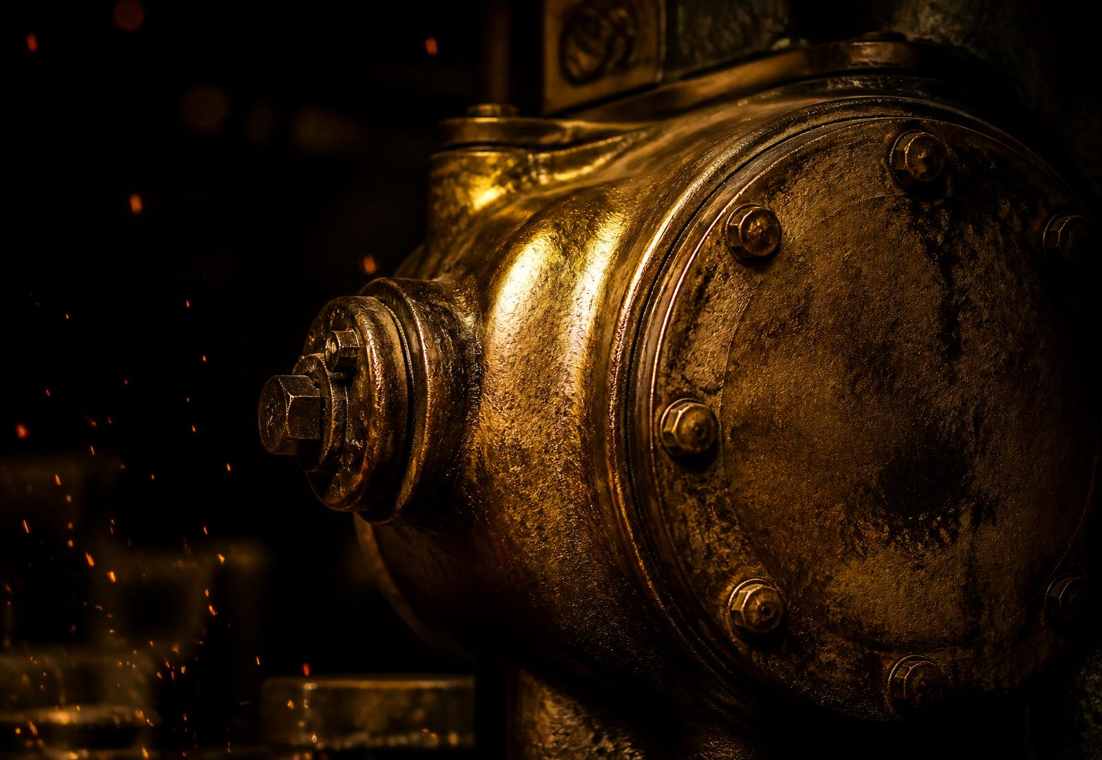Weathered gold industrial machinery lit against a dark forge